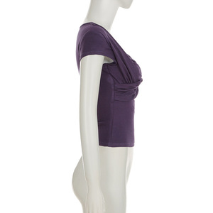Nouvel Arrivage – T-<span class=keywords><strong>shirt</strong></span> d'été <span class=keywords><strong>violet</strong></span> moulant pour <span class=keywords><strong>femme</strong></span>, col carré, froncé, manches courtes, coupe ajustée - Product Image 6