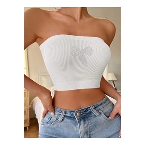 <b>White</b> Strapless Crop Blouse With Bow Embroidery Ribbed Knit <b>Bustier</b> <b>Top</b> Women's Fashion - Product Image 3