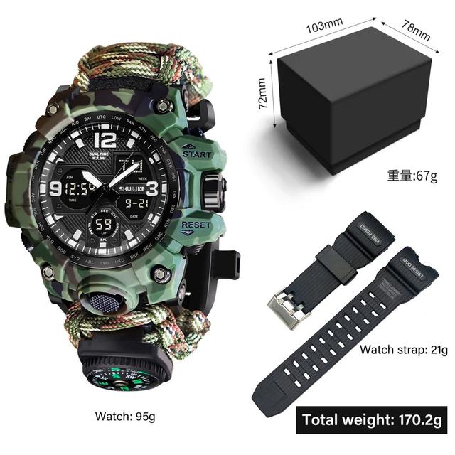 Men's Dual Time Electronic Sports Watch Waterproof Tactical Analog Digital Stop Watch Feature Luxury Resin for Outdoor Survival