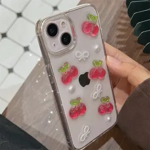 Glitter 3D Fruit Cherry EpoxyClear Cute SoftFor iPhone 15 14 11 12 13 Pro Max Mini 7 8 Plus X XR XS Max SE Clear Cute Soft Cover