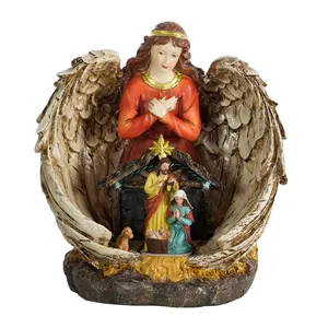 宗教的な守護天使のキリスト降誕のシーン回転クレードル光る翼暖かいLEDライト動きのあるクリスマスの装飾