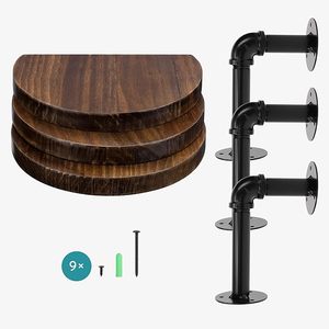 Industrial Pipe Shelf Set Small <strong>Rounded</strong> Shelves with Shelf Brackets Wooden <strong>Shelving</strong> Dark Brown - Product Image 4
