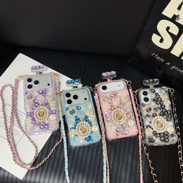 Luxury Glitter Diamond case Perfume Bottle Phone Case for iPhone 17 16 15 Pro Max with Chain Shell Mobile Accessories Cover