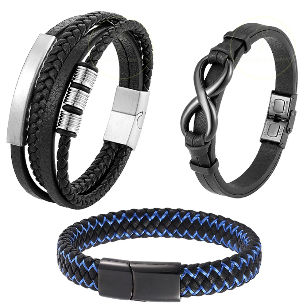 Fashion Jewelry New Style Gift Hand woven Multi layer Stainless Steel Number 8 Infinity Logo Men's Leather Bracelet