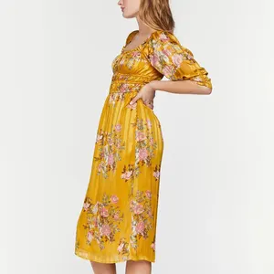 100% 레이온 퍼프 인쇄 광저우 공급 업체 여름 긴 소매 드레스 여성을위한 인과 스트랩 드레스