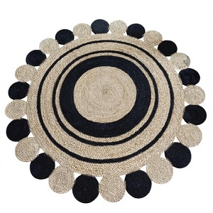 Bohemian Jute <b>Round</b> Area Rug Geometric Pattern Scalloped Edge Handcrafted Natural Black Living Room Floor <b>Mat</b> Made in BD - Product Image 3