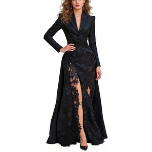 Robe de soirée noire en satin pour femme - Robe longue formelle à fente haute et dentelle - Mode - Product Image 5