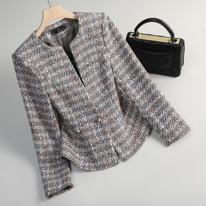 Women's Tweed Blazer Blue Gray Stripes Checks Anti-Wrinkle Spring Autumn 2025 European Style Coat - Product Image 2