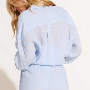 Custom Hawaiian Casual Shirt Light Blue Long Sleeve Women Shirt High Quality Breathable <b>Linen</b> Shirt - Product Image 5