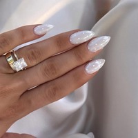 Kuku Palsu Polka Dot Press On Milky White Pearl Glazed Almond Glossy Reusable untuk Wanita, Set Tip Kuku Mutiara Sederhana Baru 4411