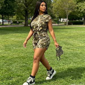 Women's Camouflage Print 2 Piece Shorts Set Casual Spring Summer Knitted <b>Tops</b> And Above Knee Shorts Regular Fit - Product Image 5
