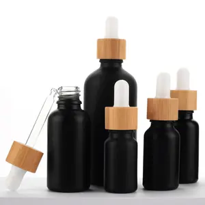 30ml Frosted Black Glass Dropper Bottle 1oz With Bamboo Dropper Cap