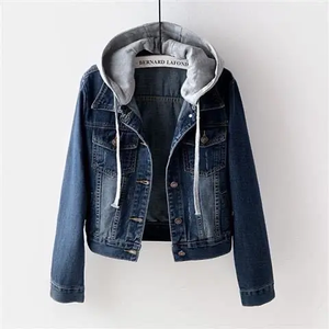 Chaqueta vaquera corta azul lavada con nieve para hombre y mujer, chaqueta vaquera ajustada de manga larga para primavera y otoño con capucha, 2025 - Product Image 3