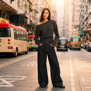 Vaqueros de mezclilla oscura de cintura alta y pierna ancha para mujer, estilo casual de un solo hombro, lavado a la piedra, para otoño - Product Image 1