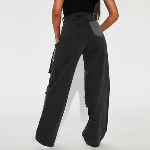 Jeans da <span class=keywords><strong>Donna</strong></span> a Vita Alta Elasticizzati <span class=keywords><strong>con</strong></span> Gamba Larga e Decorazione Tasche <span class=keywords><strong>Pantaloni</strong></span> a Zampa Casual Streetwear - Product Image 3