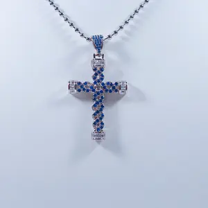 Großhandel Amazon Schlussverkauf beliebt Kristall Strass blaue Steine kubanische Gliederkette Kreuz Hip Hop-Halsband für Herren