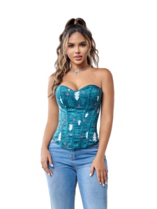 Sexy Santa Costume <span class=keywords><strong>Bustier</strong></span> Top pour les femmes vacances Xmas Santacon Snow Print Green Deep V Corset avec fermeture éclair - Product Image 2