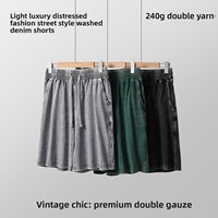 Celana Pendek Pria 240g Bahan Tebal Distressed Vintage Musim Panas Pinggang Elastis Katun Batik Benang Ganda Longgar Model Hip Hop