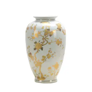 黄金供应商复古装饰金色花朵图案陶瓷花瓶白色瓷器花瓶客厅