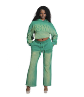 KY unisexe soleil délavé lavage en détresse broderie femmes personnalisé 2 pièces survêtement ensemble pantalons de survêtement évasés et sweat à capuche en gros