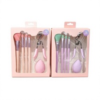 Lot de 6 pinceaux de maquillage en gros avec recourbe-cils, éponge de maquillage, kit de pinceaux cosmétiques, coffret cadeau beauté pour débutantes et jeunes filles