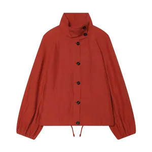 Manteau décontracté pour <span class=keywords><strong>femme</strong></span> MD en <span class=keywords><strong>lin</strong></span> vintage, coupe ajustée, à motif uni, avec boutons et manches lanternes, simple boutonnage - Product Image 2