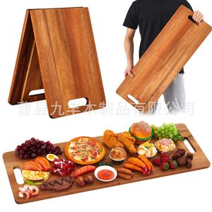 Planche à découper en bois pliable, rectangulaire, multifonctionnelle, pour servir des pizzas, des steaks, des fruits, des légumes, avec poignées - Product Image 1