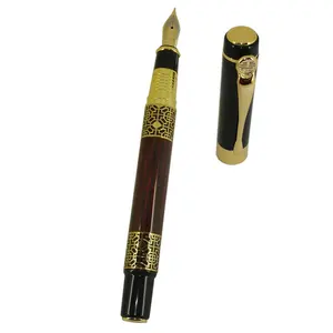 ACMECN Luxury Fountain Pen with Wooden Pattern Plating Gold Trim 0.5mm Writing Points Carved Cool Metal Accents for Men's Gifts