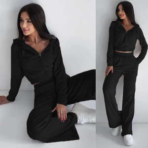 Conjunto de chándal de terciopelo para mujer al por mayor, sudadera corta con cremallera y <span class=keywords><strong>pantalones</strong></span> de pierna ancha, ropa de estar por casa para otoño/invierno, en stock - Product Image 4