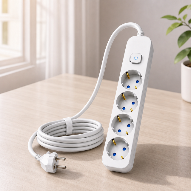 EU Plug 4-Outlet Industrial Power Strip 1.8m Extension Cord European Standard Fireproof Durable IP44 Multi-Socket for Home