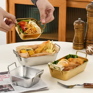 不锈钢韩式双手柄小吃盒方形餐盘金色餐厅餐盘套装餐具