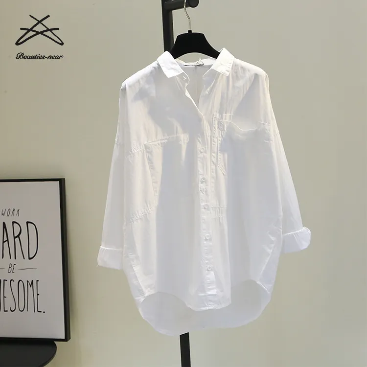 2022 Ladies New Casual Loose Cotton Shirts Long Sleeve Women's White Blouse Shirt Top Blouses