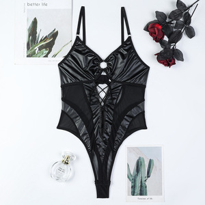 Body de cuero con cuello en V y aberturas, estilo bondage, nuevo conjunto de lencería transparente de malla para mujer - Product Image 5