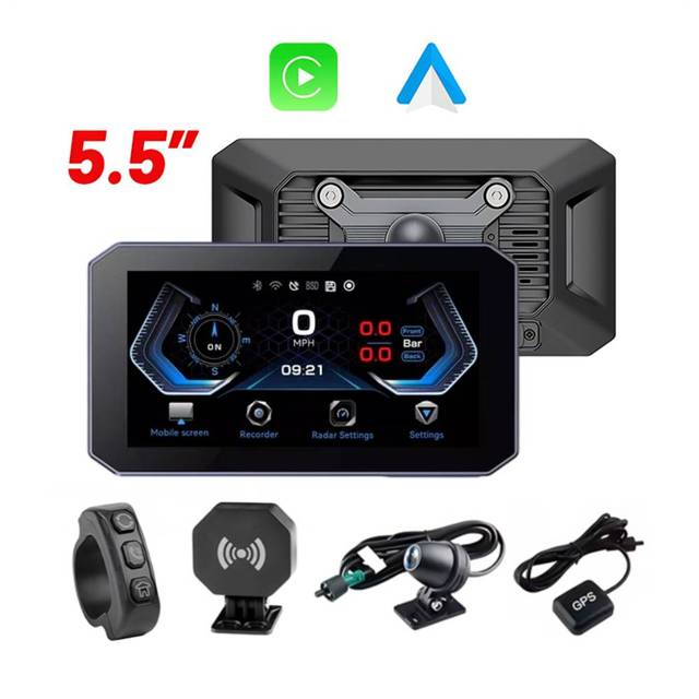Waterproof Motorcycle Navigation with Anti Theft Quick Release 5.5 Inch GPS Screen CarPlay & Android Auto BSD Radar Dual Camera
