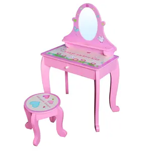 54x30x(H)86.5cm Princess Pink E1 MDF Easy Assembly Children Dresser With Stool, Acrylic Glass Mirror, Eco-friendly Products