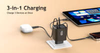 Chargeur mural intelligent pliable multi-ports USB-C GaN 65W KYT avec câble rétractable compatible prises EU/US OTP pour ordinateur portable et téléphone