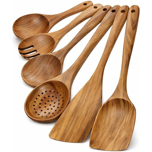 Ustensiles de cuisine en bois faits à la main, écologiques, durables, compatibles lave-vaisselle, ensemble de 6 spatules et cuillères en teck naturel - Product Image 1