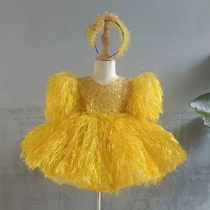 Abbigliamento per bambini Boutique fantasia per feste abiti in piuma disegni Tulle abiti da festa in fiore per ragazza con fascia per capelli gratis