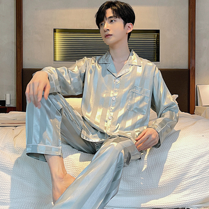 Piyama Pria Lengan Panjang Bahan Sutra Es Musim Semi Kerah Lapel Simpel Mewah Kasual Berkualitas Tinggi Setelan Dua Potong Baju Tidur - Product Image 5