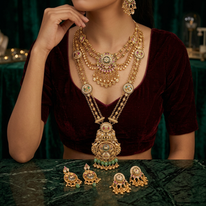 Ensemble de bijoux de mariée en moissanite plaqué or cuivre vintage de haute qualité, collier long Mala, boucles d'oreilles et Maang pour mariage - Vente en gros - Product Image 3