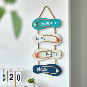 Mediterranean Wooden <b>Wall</b> Sign 4Pcs Slippers Shape Home Decoration Distressed Design With Rope And Shell <b>Decor</b> - Product Image 2