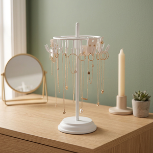 <b>Rotatable</b> Jewelry <b>Display</b> <b>Stand</b> With 20 Hooks For Necklaces Earrings Modern Round White Organizer Desk Accessory - Product Image 1