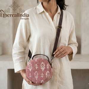 Mauve Round Crossbody Sling Bag Jacquard Circle Purse Adjustable Vegan Leather Strap <b>Boho</b> Bag - Product Image 5