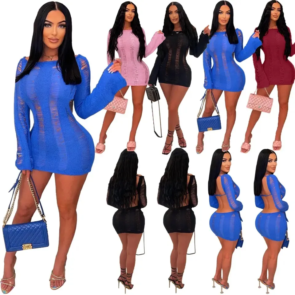 Knit Ripped mini dress women spring 2023 new arrivals sexy club long sleeve blue cut out backless knitted bodycon dresses