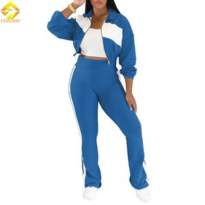 Otoño Invierno Streetwear mujer moda manga larga deportivo Casual conjunto de dos piezas Color bloque cremallera chaqueta pantalones largos traje - Product Image 3