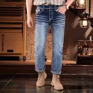 IN STOCK fashion Men’s Heavy Stitch <b>jeans</b> <b>Embroidered</b> Mid Waist Whisker effect Straight Leg <b>jeans</b> for men - Product Image 3