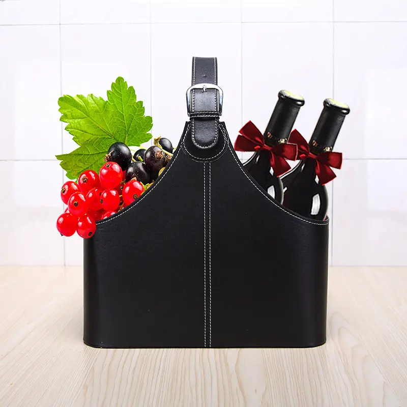 Custom Print Leather Red Wine Fruit Flower Empty Gift Basket Portable Pu Leather Storage Basket with Handle