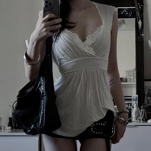 Camiseta de Manga Corta Estilo Francés para Mujer, Cuello en V Profundo, Encaje, Espalda con Lazada, Cintura Fruncida, Ajustada, Sexy, Elegante e Informal - Product Image 5