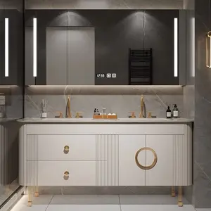 Meubles de salle de bain en bois massif blanc, style américain, avec miroir, horloge, armoire de salle de bain, meuble de salle de bain moderne, vente en gros