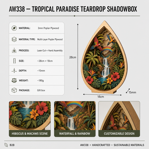 Shadowbox Personalizado con Diseño de Paraíso Tropical en Forma de Lágrima |   Escena de Cascada de Hibisco <span class=keywords><strong>y</strong></span> Macaw Cortada con Láser en Madera Contrachapada de Álamo Multicapa - Product Image 6